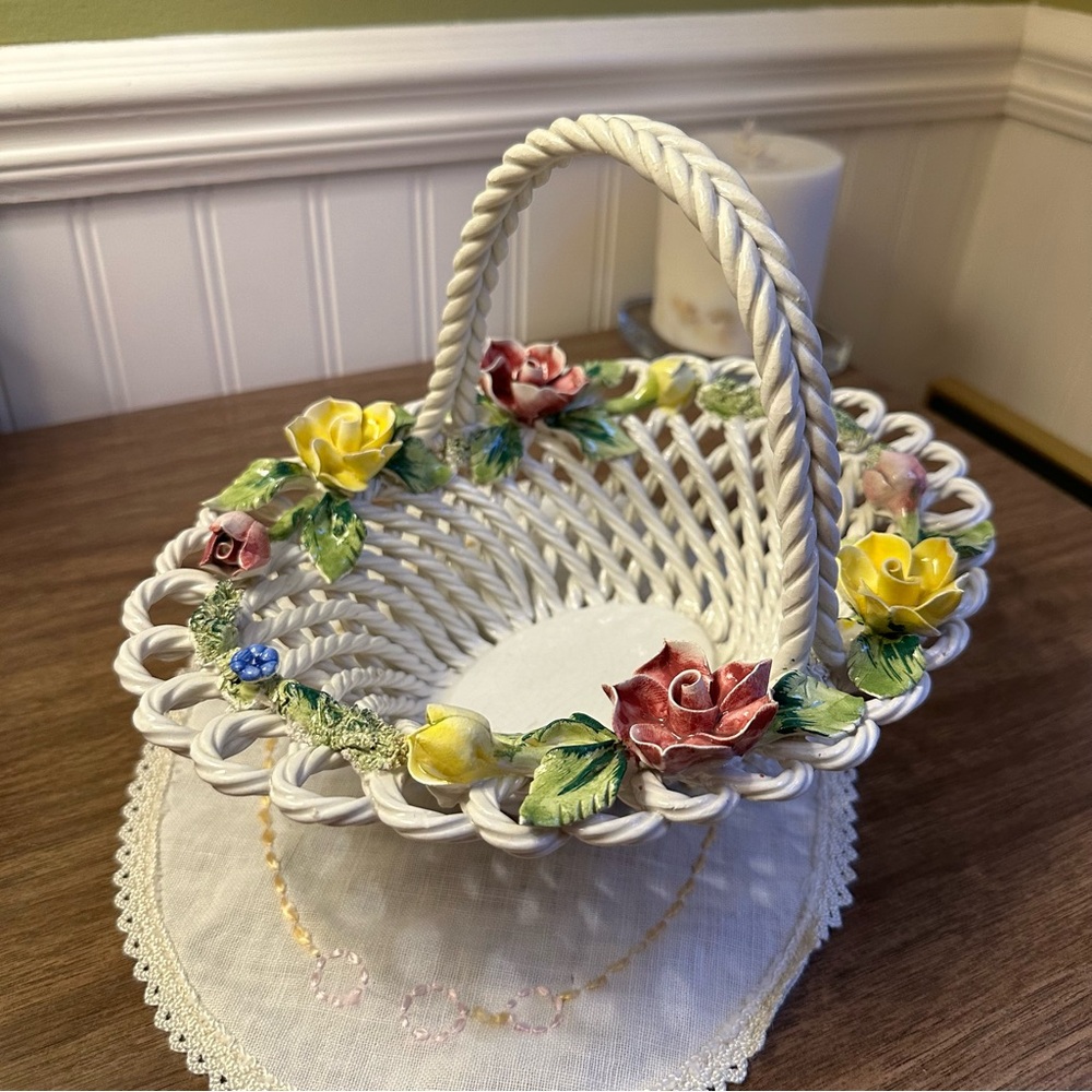 Vintage V. Bassano Ceramic Italy Art Pottery Woven Basket with Yellow Roses